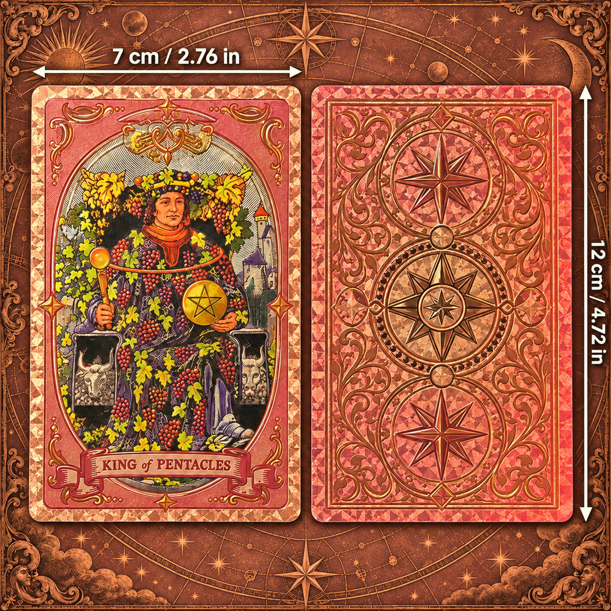 Complete Triple Star Tarot set including divination cards, companion English guidebook, and keepsake storage box.