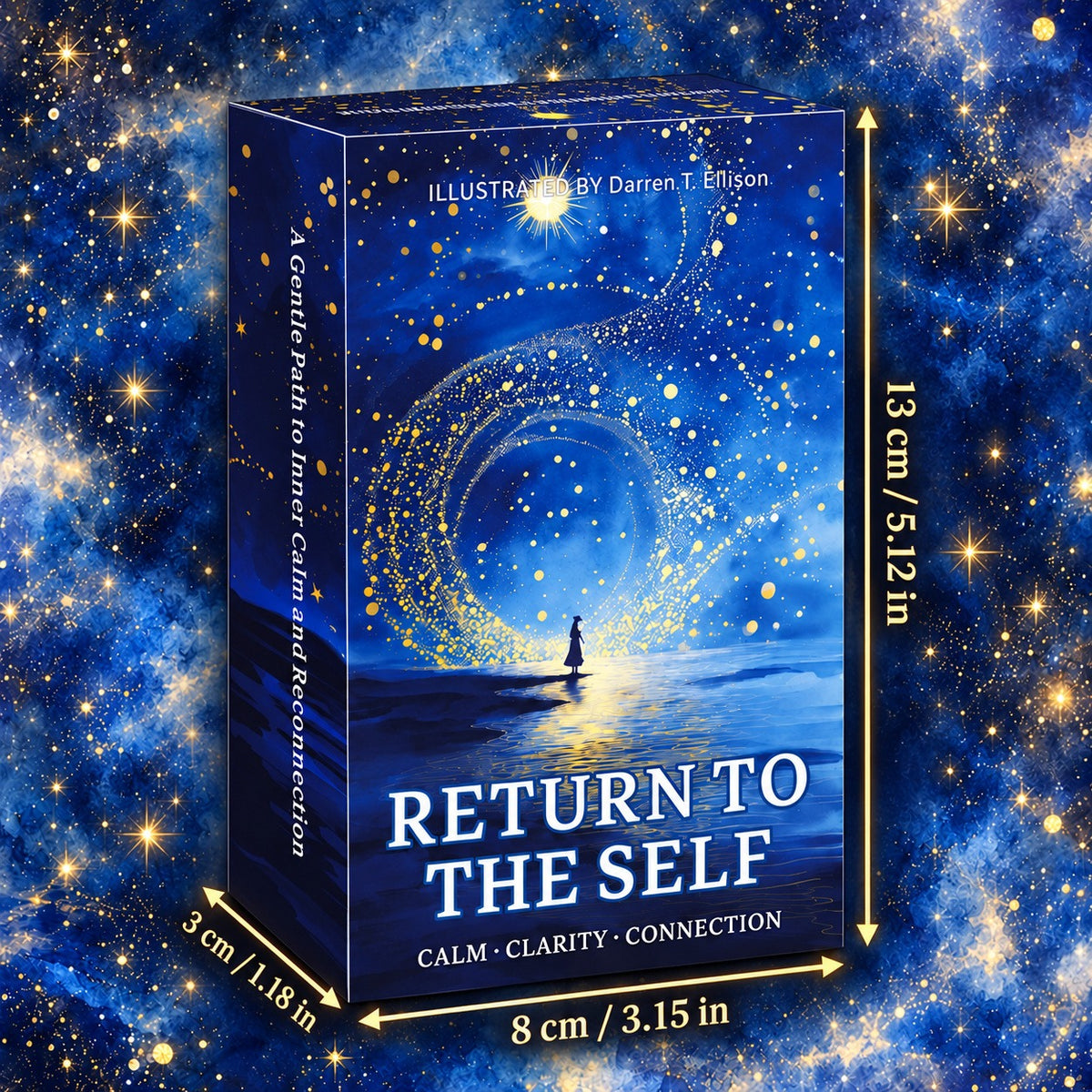 Return to the Self Oracle Cards blue celestial storage box with dimensions labeled 8 × 13 × 3 cm.