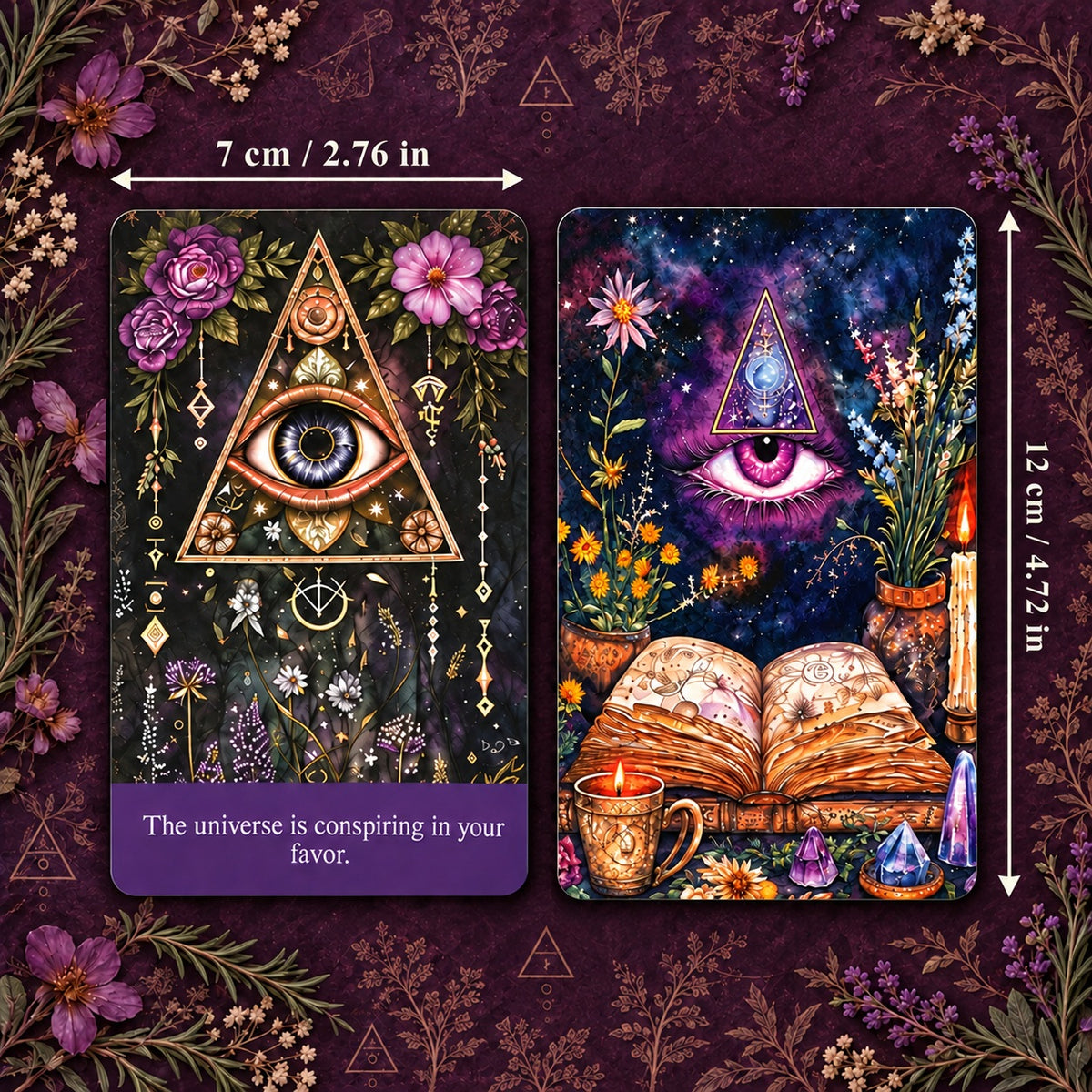 Standard card dimensions of Fortune Teller Oracle (7 × 12 cm / 2.76 × 4.72 in) for intuitive tarot readings.