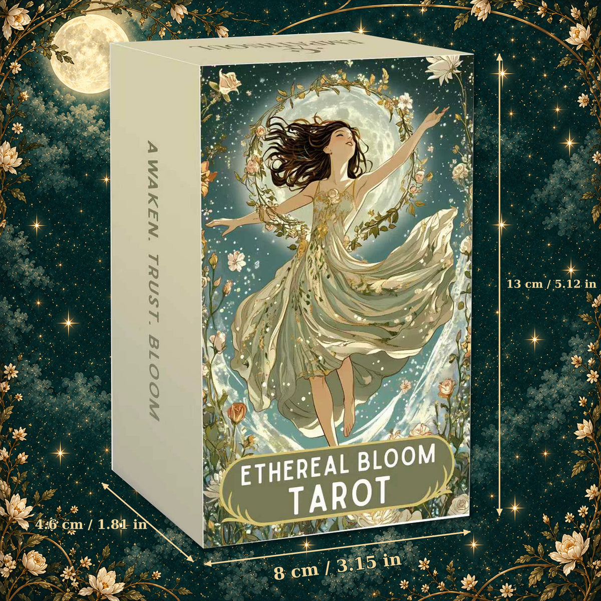 Ethereal Bloom Tarot illustrated storage box featuring a woman beneath a moon and floral wreath, with dimensions labeled 8 × 13 × 4.6 cm.
