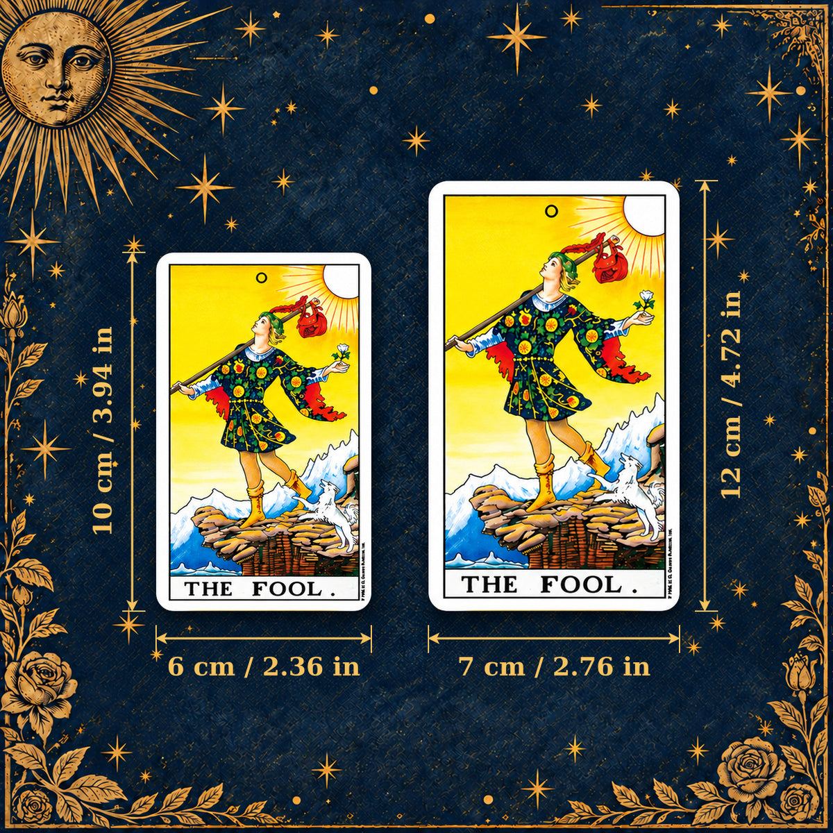 Two Universal Waite Tarot Fool cards compared, with dimensions labeled 6 × 10 cm and 7 × 12 cm.