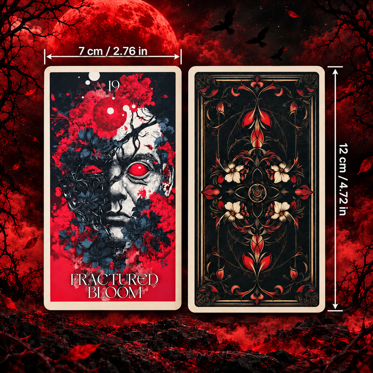 Standard card dimensions of Midnight Oracle (7 × 12 cm / 2.76 × 4.72 in) for intuitive tarot readings.