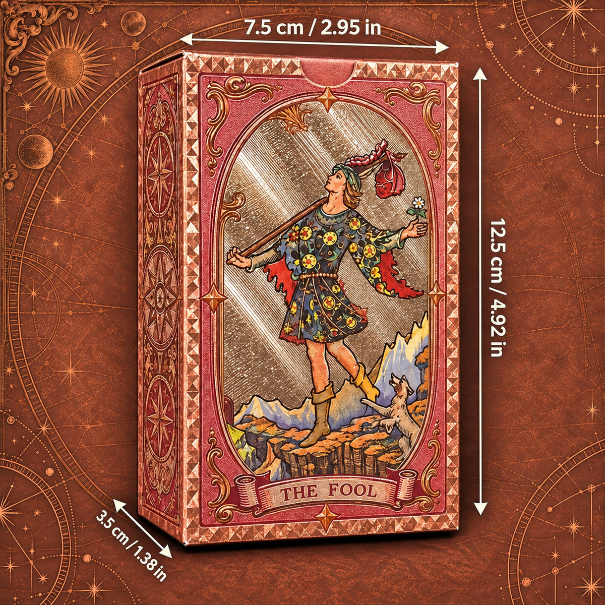 Standard card dimensions of Triple Star Tarot (7 × 12 cm / 2.76 × 4.72 in) for intuitive tarot readings.
