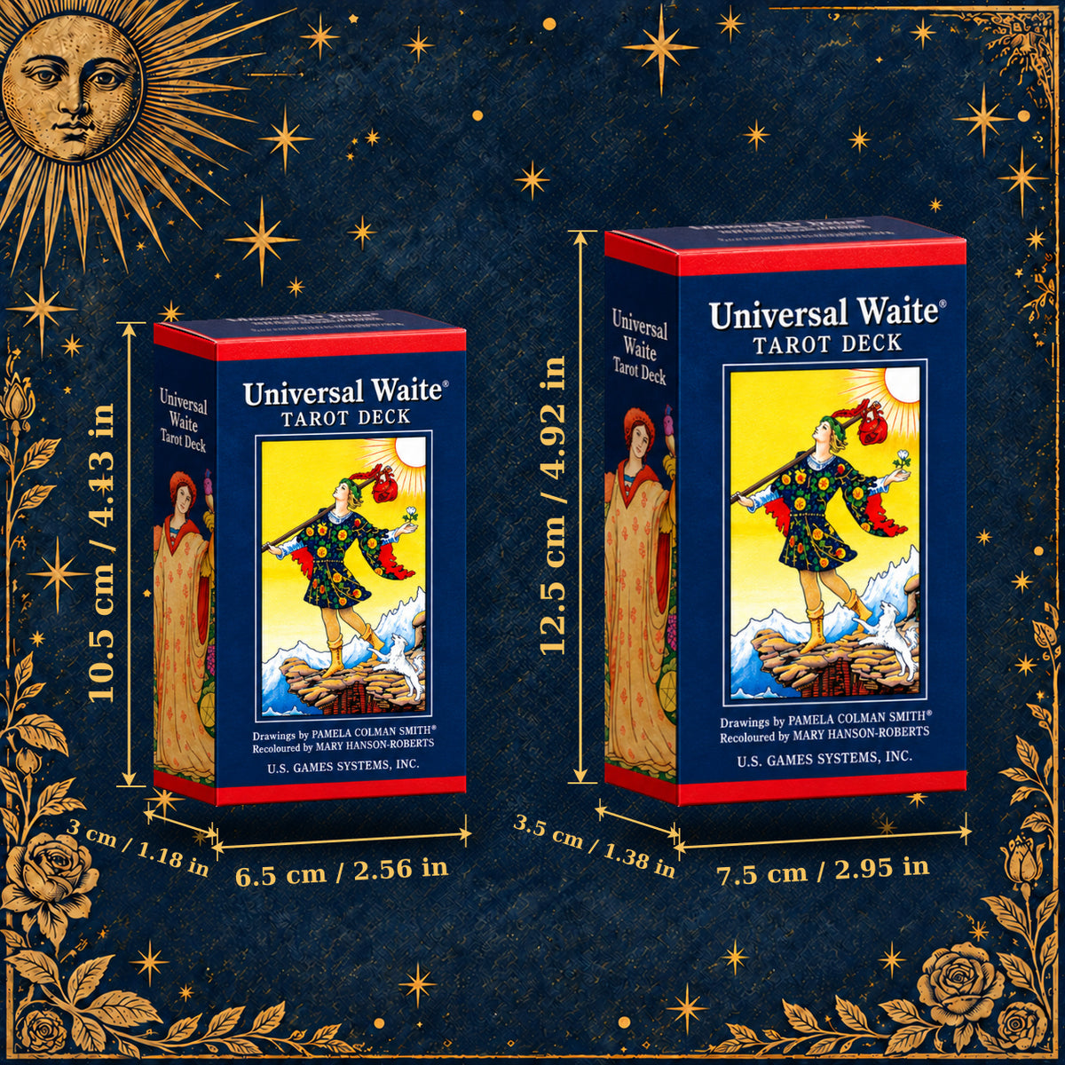 Small and large Universal Waite Tarot tuck boxes compared, labeled 6.5 × 10.5 × 3 cm and 7.5 × 12.5 × 3.5 cm.