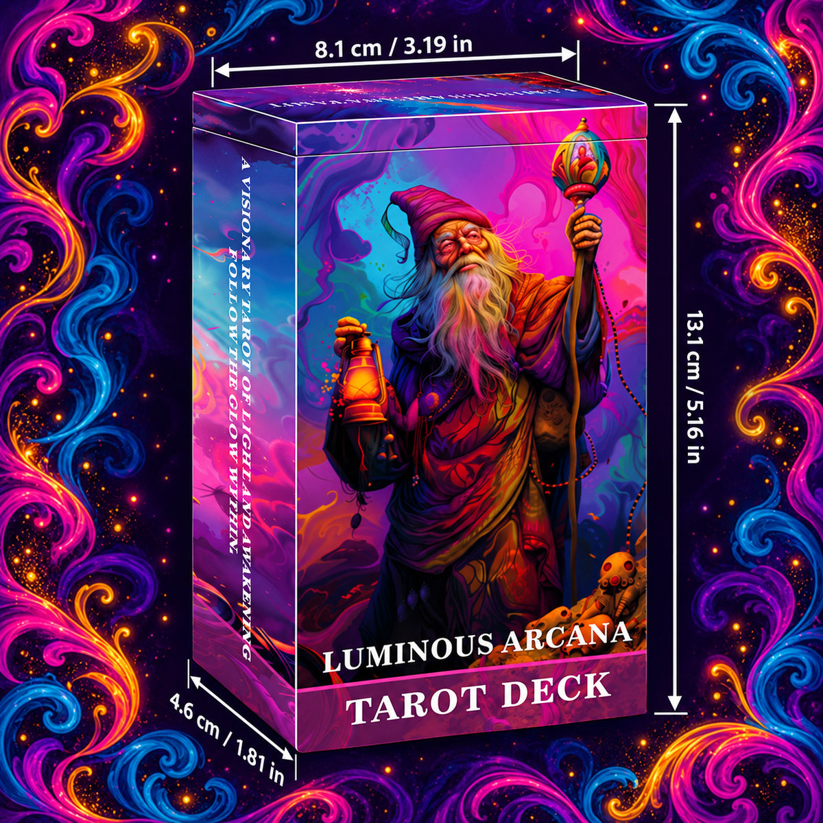 Durable storage tuck box dimensions for Luminous Arcana Tarot for safe card keeping and travel.