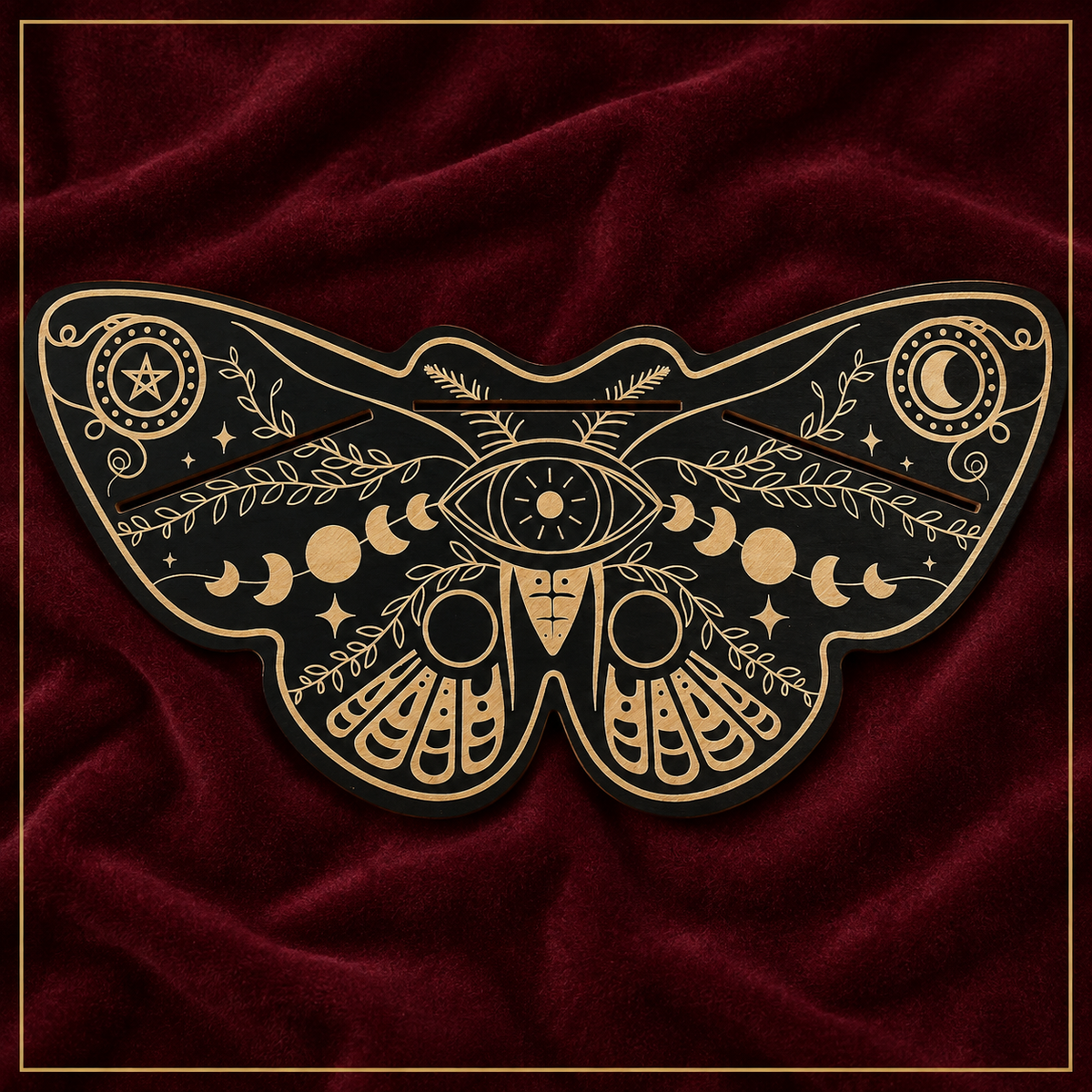 Front view of celestial butterfly tarot stand showing three angled card display grooves.