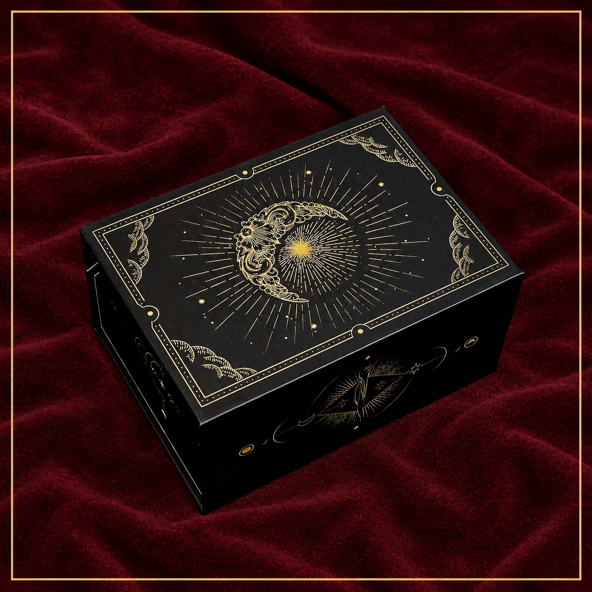 Side view of carved celestial tarot keepsake box showing sturdy brass hinges and antique finish.
