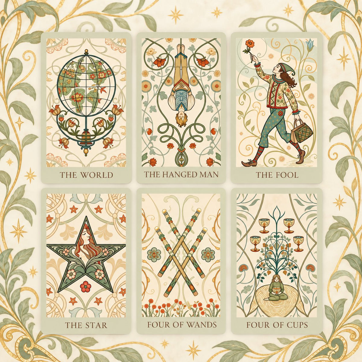 Spread of Radiant Soul Tarot Major Arcana cards showcasing Art Nouveau botanical curves, golden aura halos, and elegant figures.