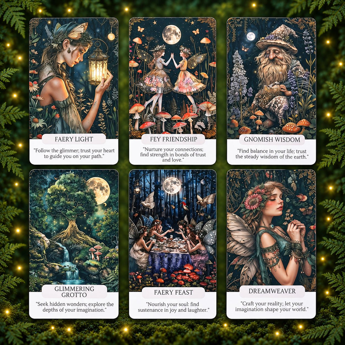 Spread of Fae Whispers Oracle Major Arcana cards showcasing enchanted fairy forest folklore and gentle nature spirit messages.