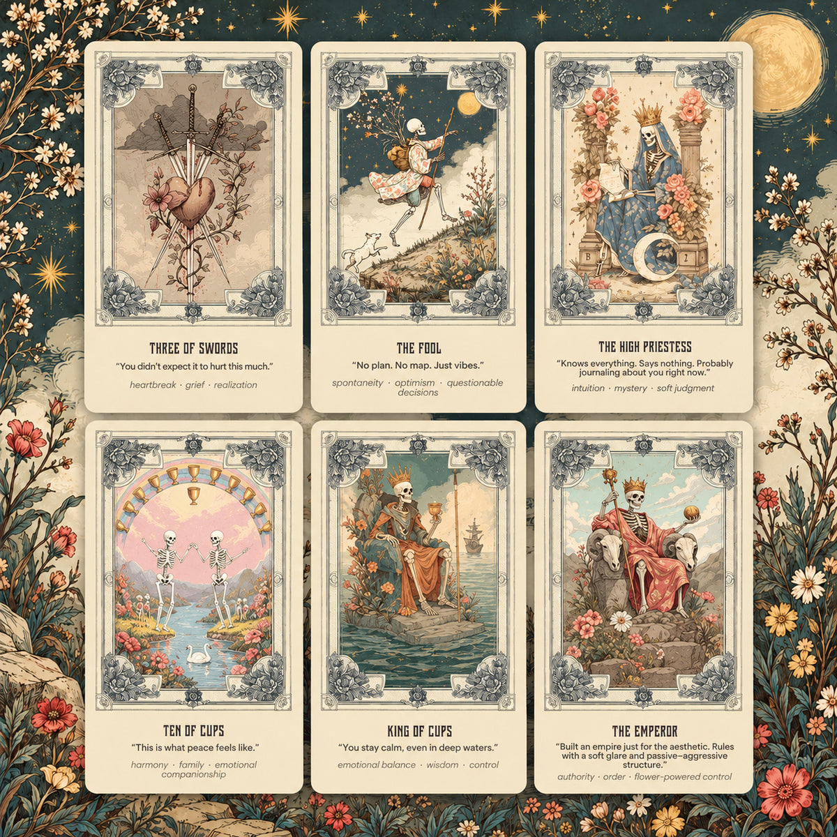 Six Bone Garden Tarot cards featuring The Fool, The High Priestess, Three of Swords, Ten of Cups, King of Cups and The Emperor in whimsical gothic floral art.