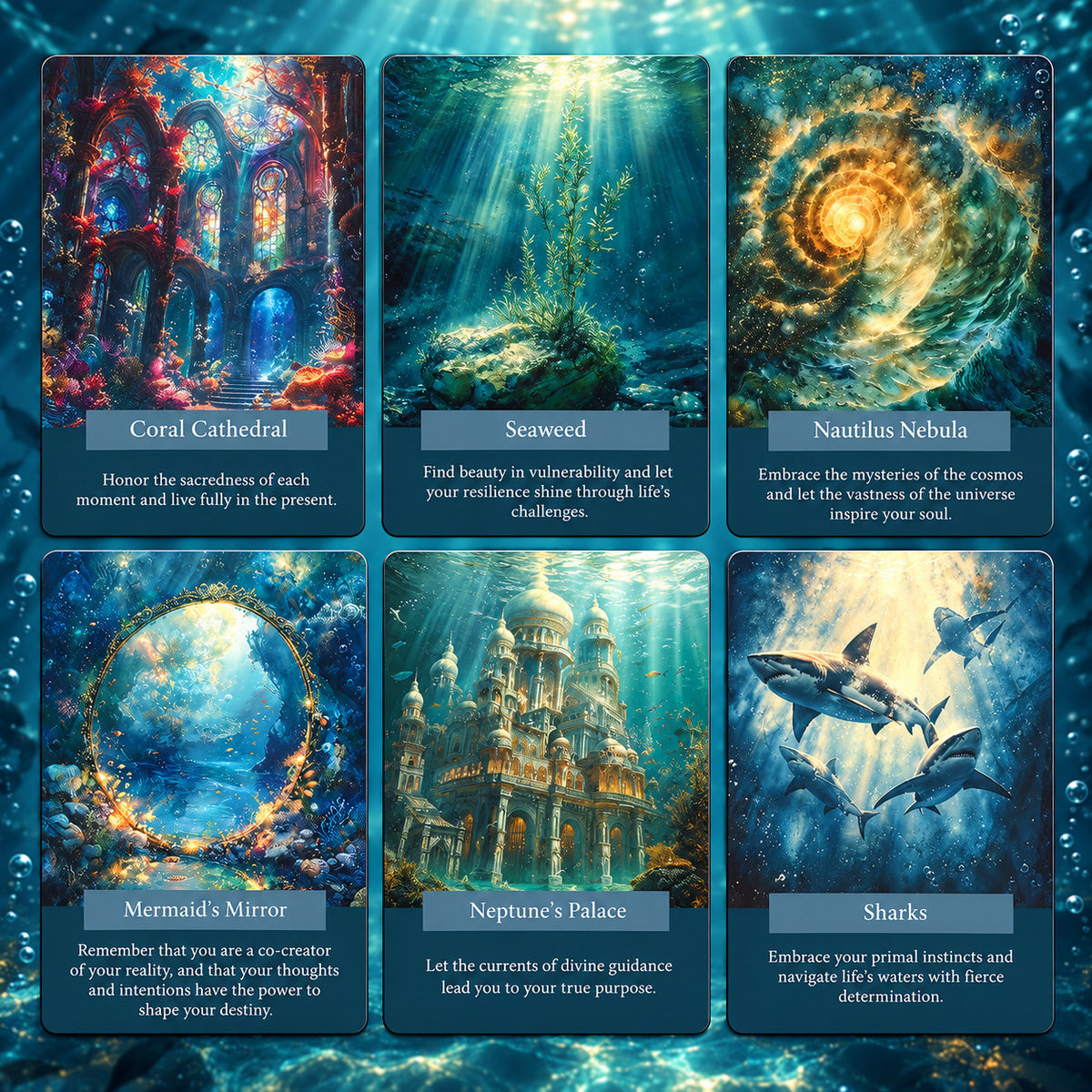 Spread of Ocean of Wisdom Oracle Major Arcana cards showcasing deep-sea watercolor marine life and tidal emotional intuition themes.