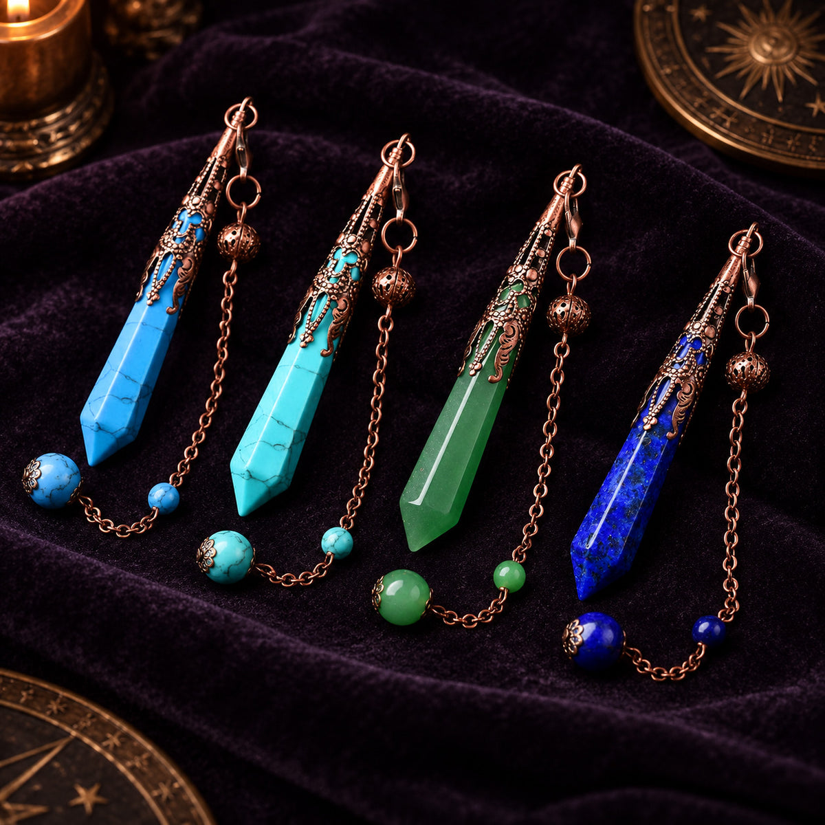 Close-up of hexagonal cut gemstone pendulum point for energy sensing and chakra balancing.