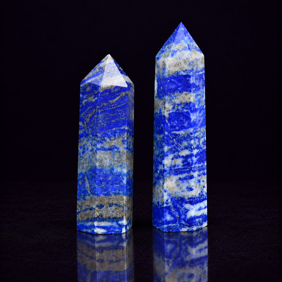 Close-up of authentic golden pyrite inclusions and calcite veining in natural Lapis Lazuli.