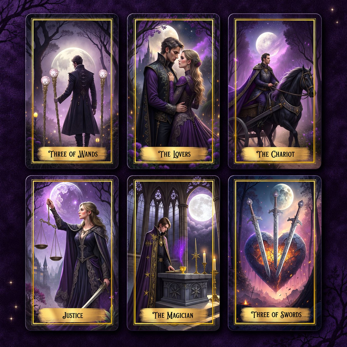 Selected Purple Moon Tarot cards highlighting intricate spiritual archetypes and detailed symbolic motifs.