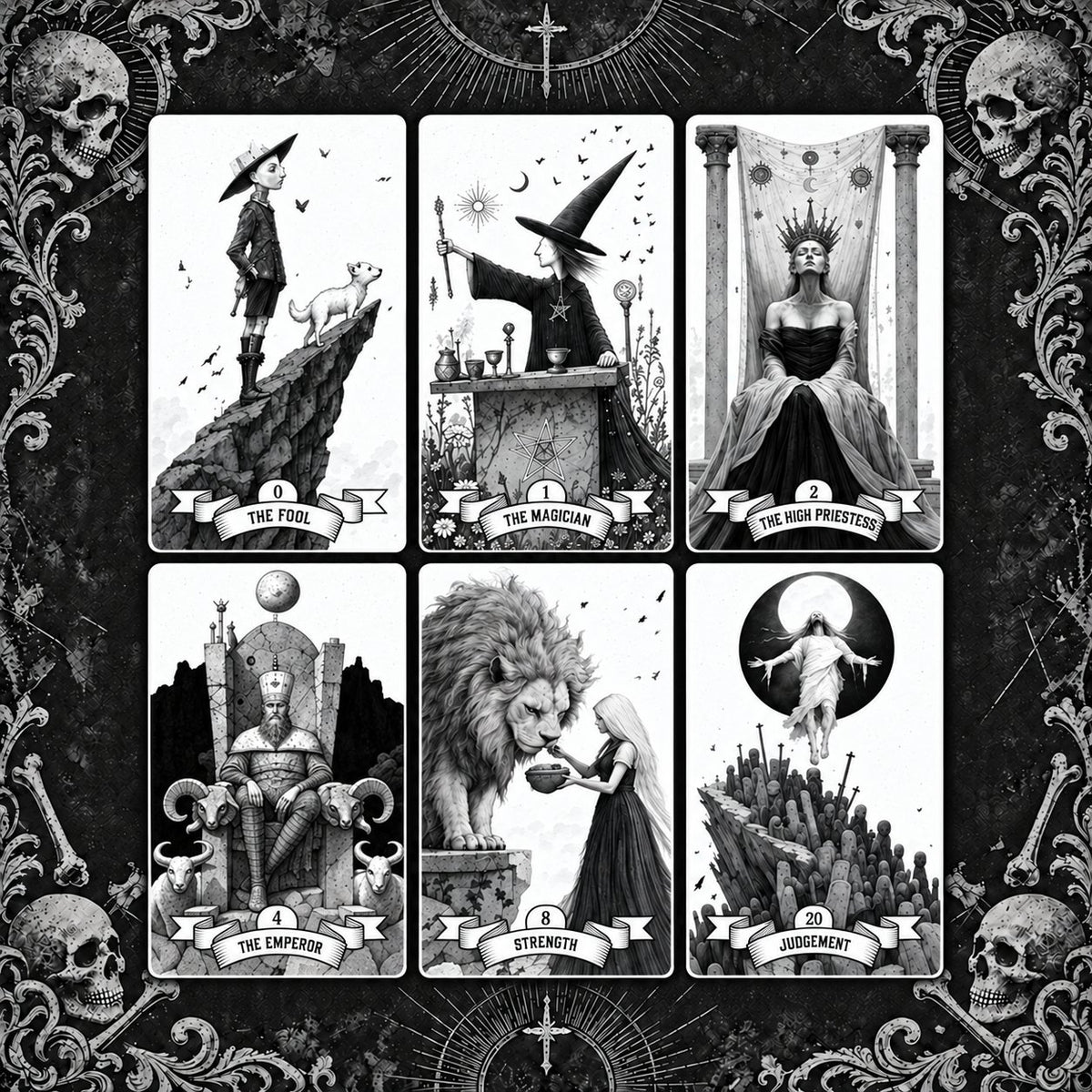 Selected The Whispering Tarot cards highlighting intricate spiritual archetypes and detailed symbolic motifs.