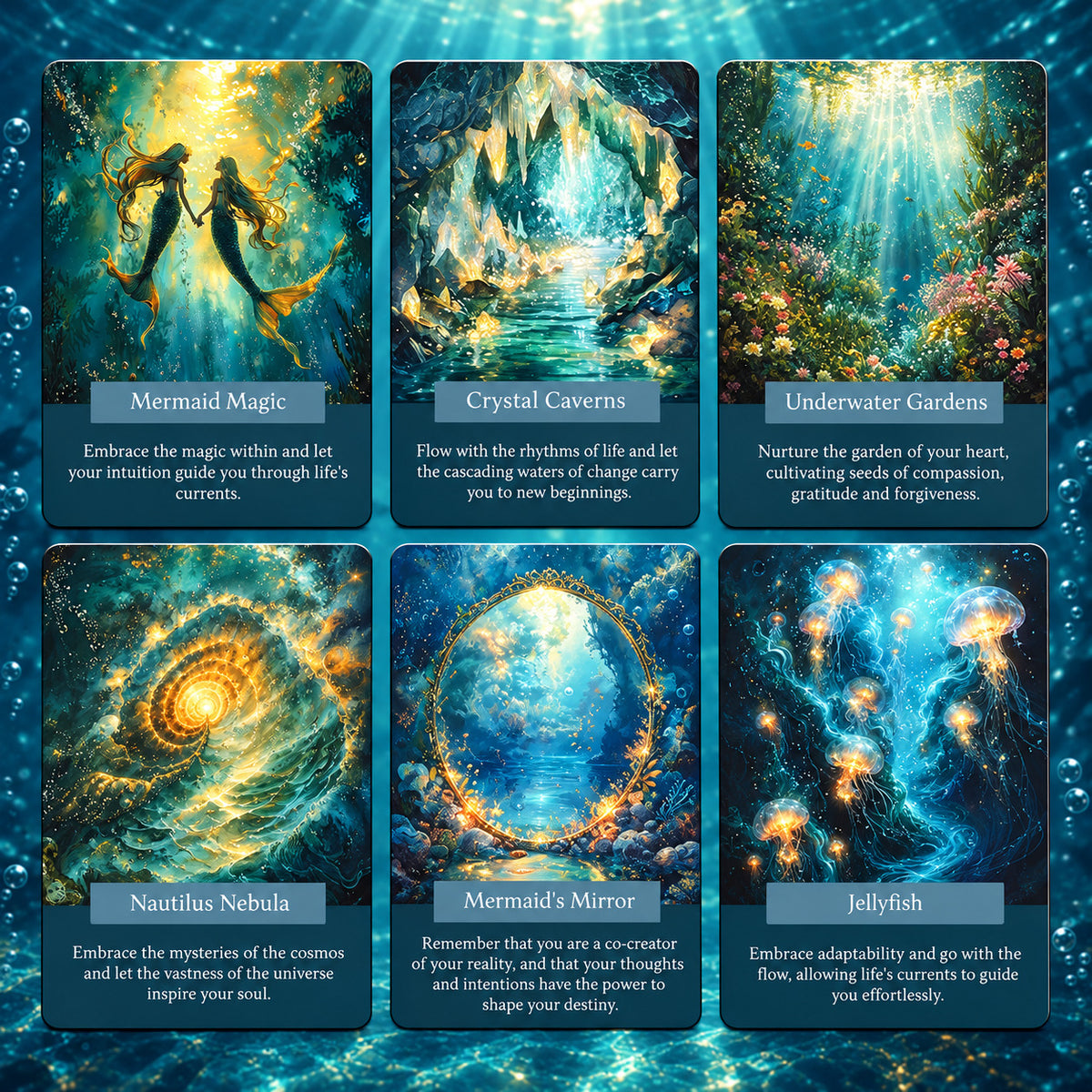 Selected Ocean of Wisdom Oracle cards highlighting intricate spiritual archetypes and detailed symbolic motifs.