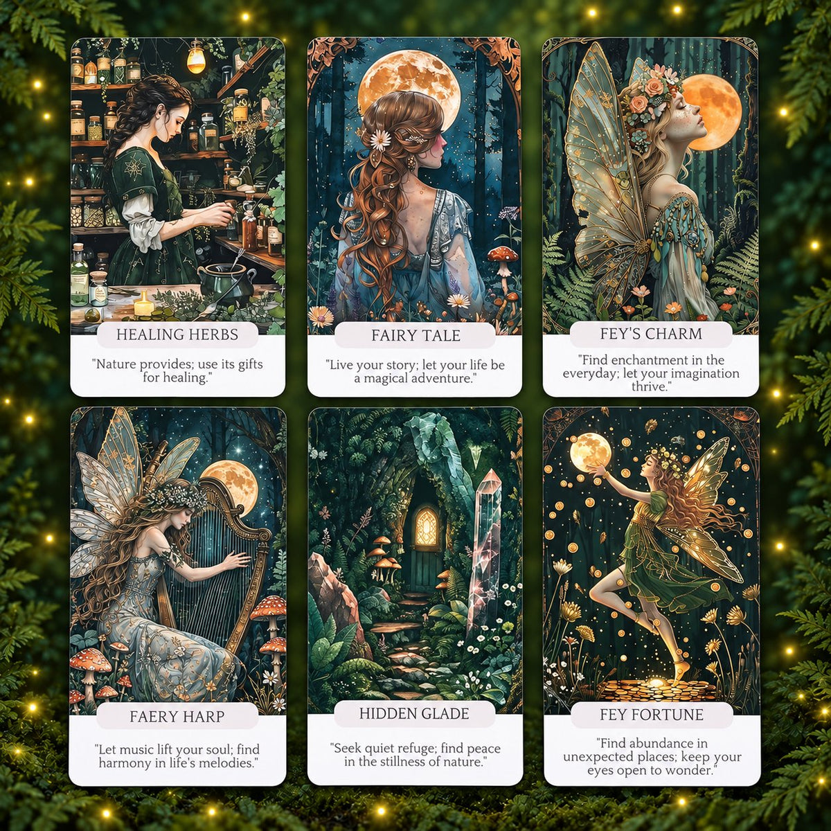 Selected Fae Whispers Oracle cards highlighting intricate spiritual archetypes and detailed symbolic motifs.