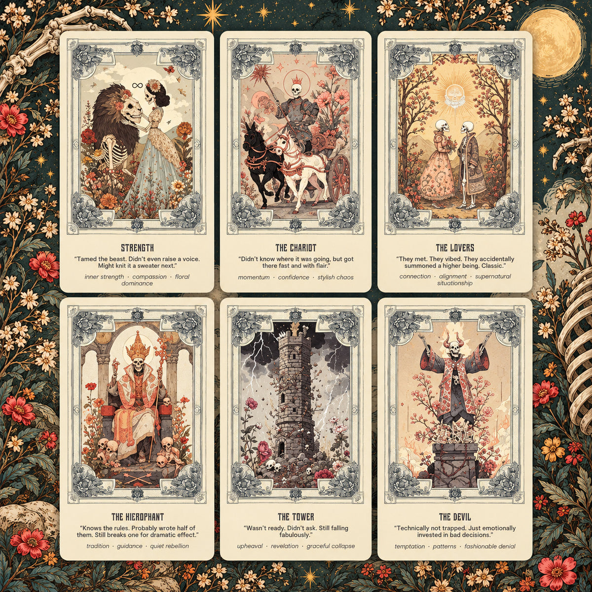 Bone Garden Tarot card illustrations featuring Strength, The Chariot, The Lovers, The Hierophant, The Tower and The Devil with skeletons and vintage flowers.
