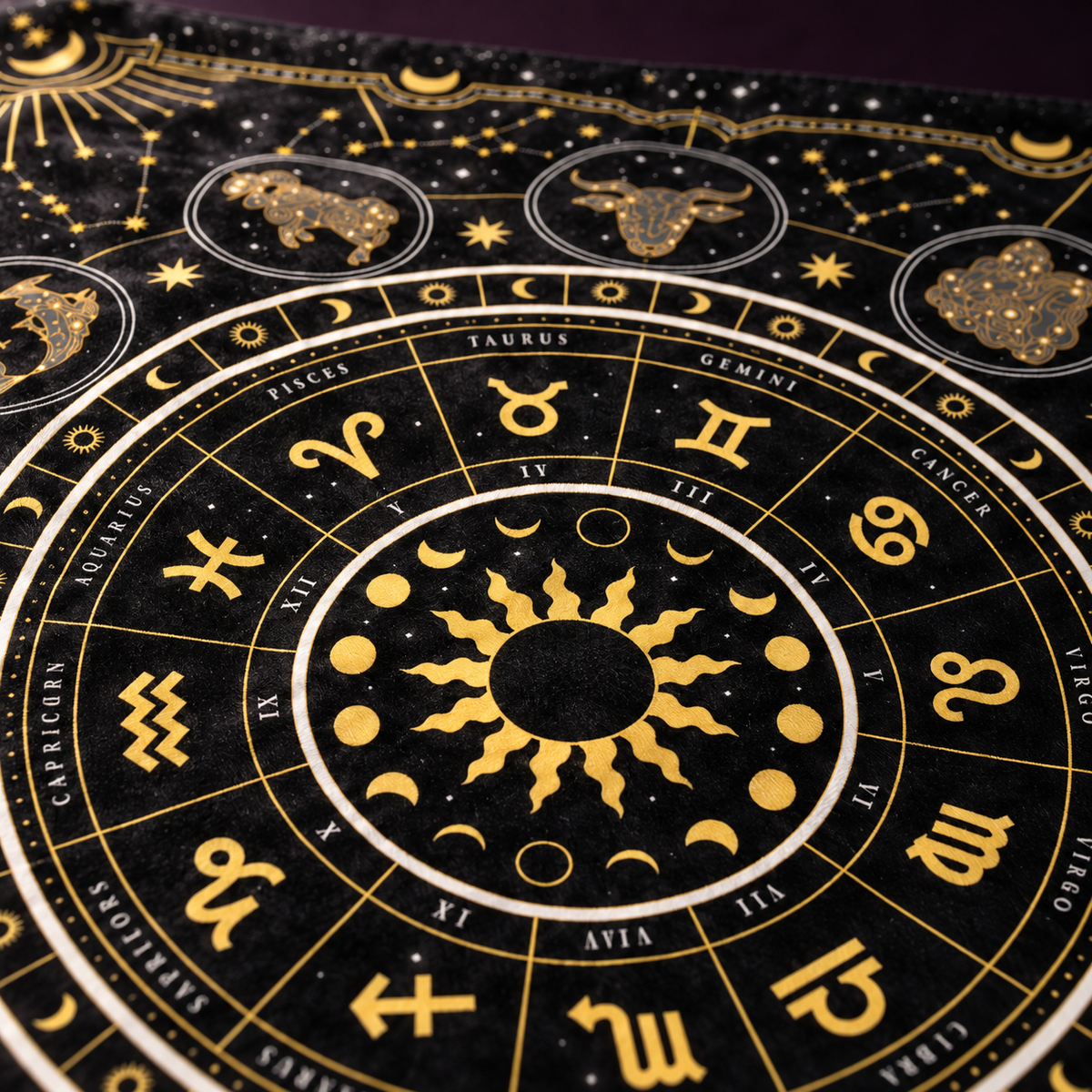 Close-up of astrological wheel symbols and celestial sun details in metallic gold printing.