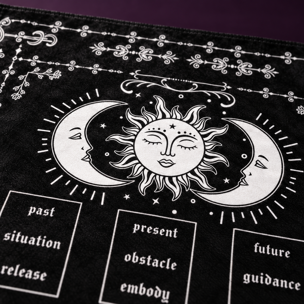 Detailed mystical sunburst and starry celestial accents stamped in radiant metallic gold.