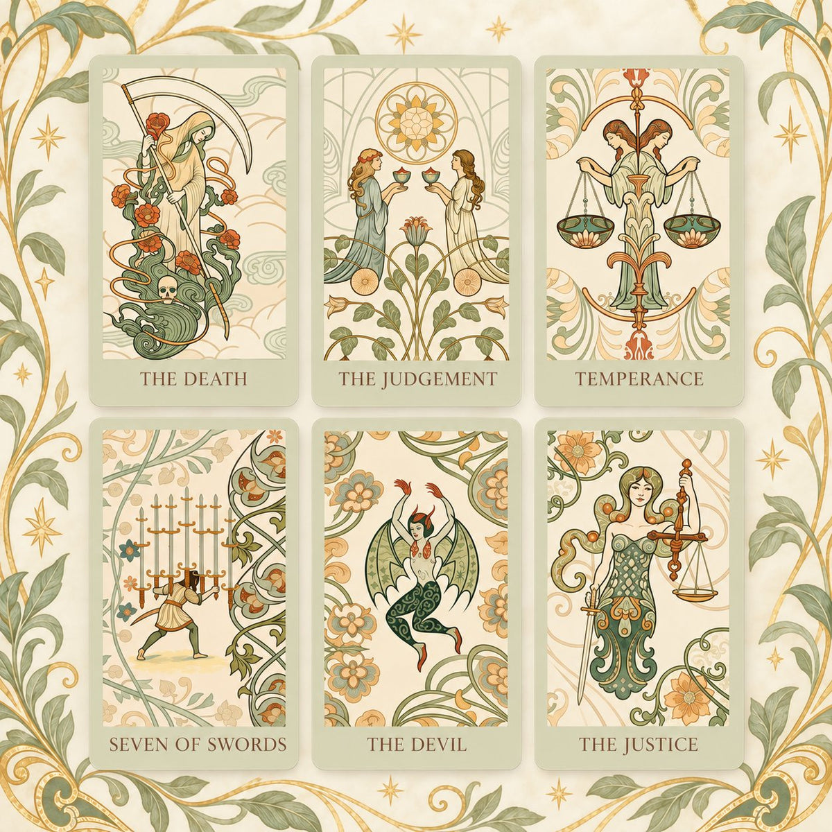 Selected Radiant Soul Tarot cards highlighting intricate spiritual archetypes and detailed symbolic motifs.