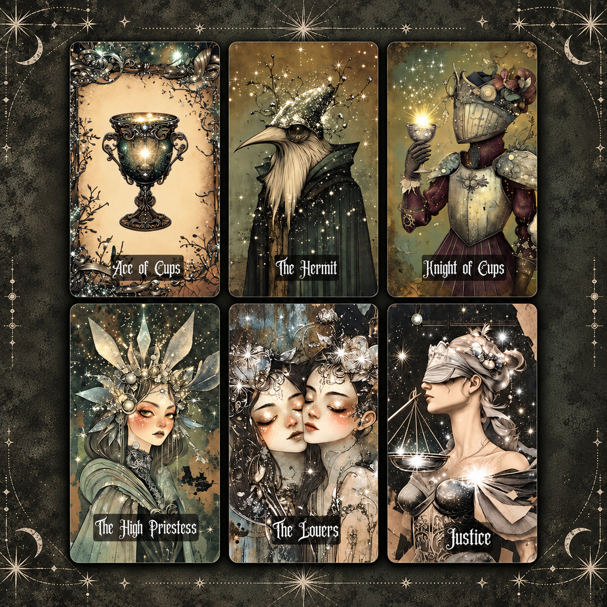 Selected Starlit Dream Tarot cards highlighting intricate spiritual archetypes and detailed symbolic motifs.