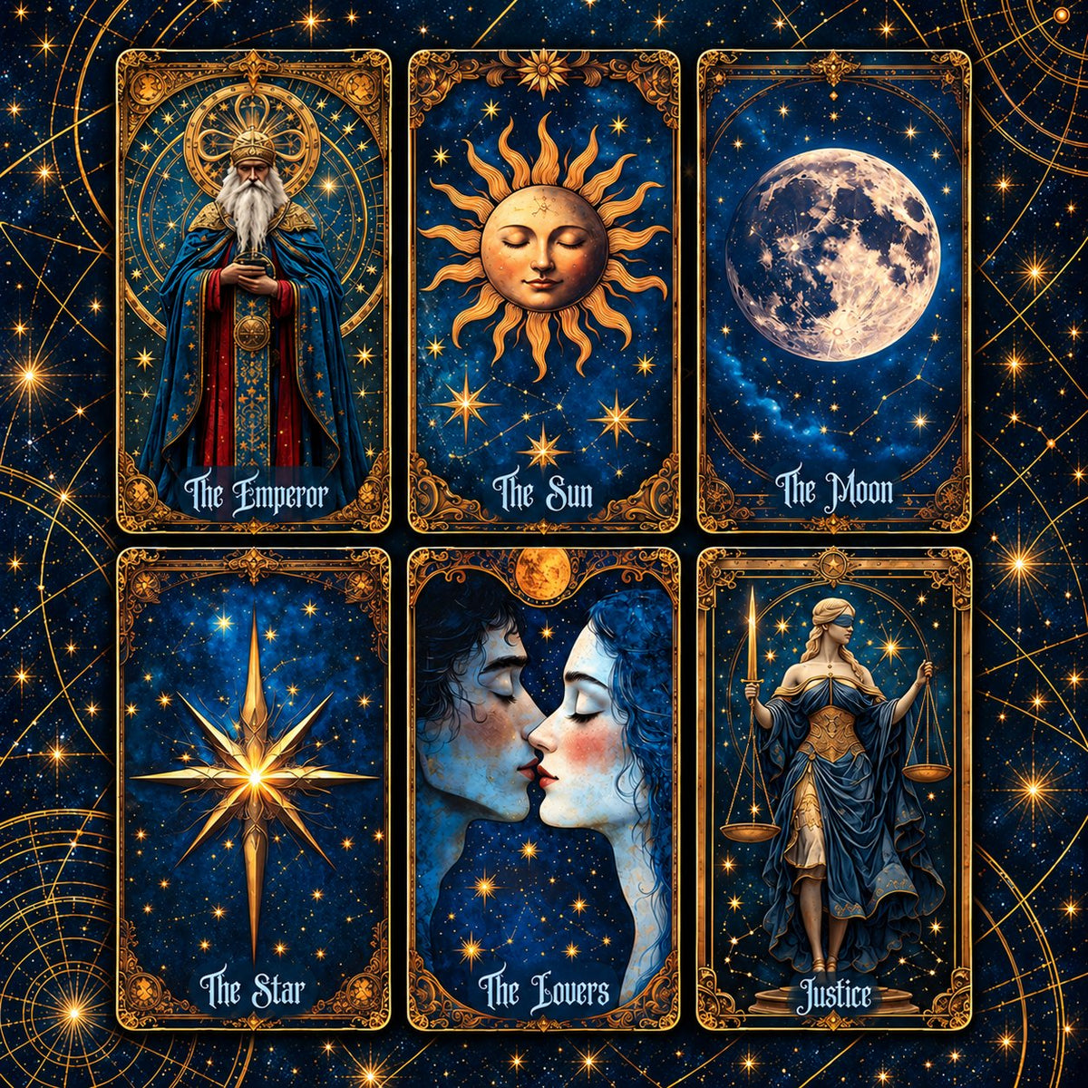 Thematic suit cards and elemental symbols from Celestial Tarot illustrated in astrological planetary archetypes and glowing zodiac constellation figures.