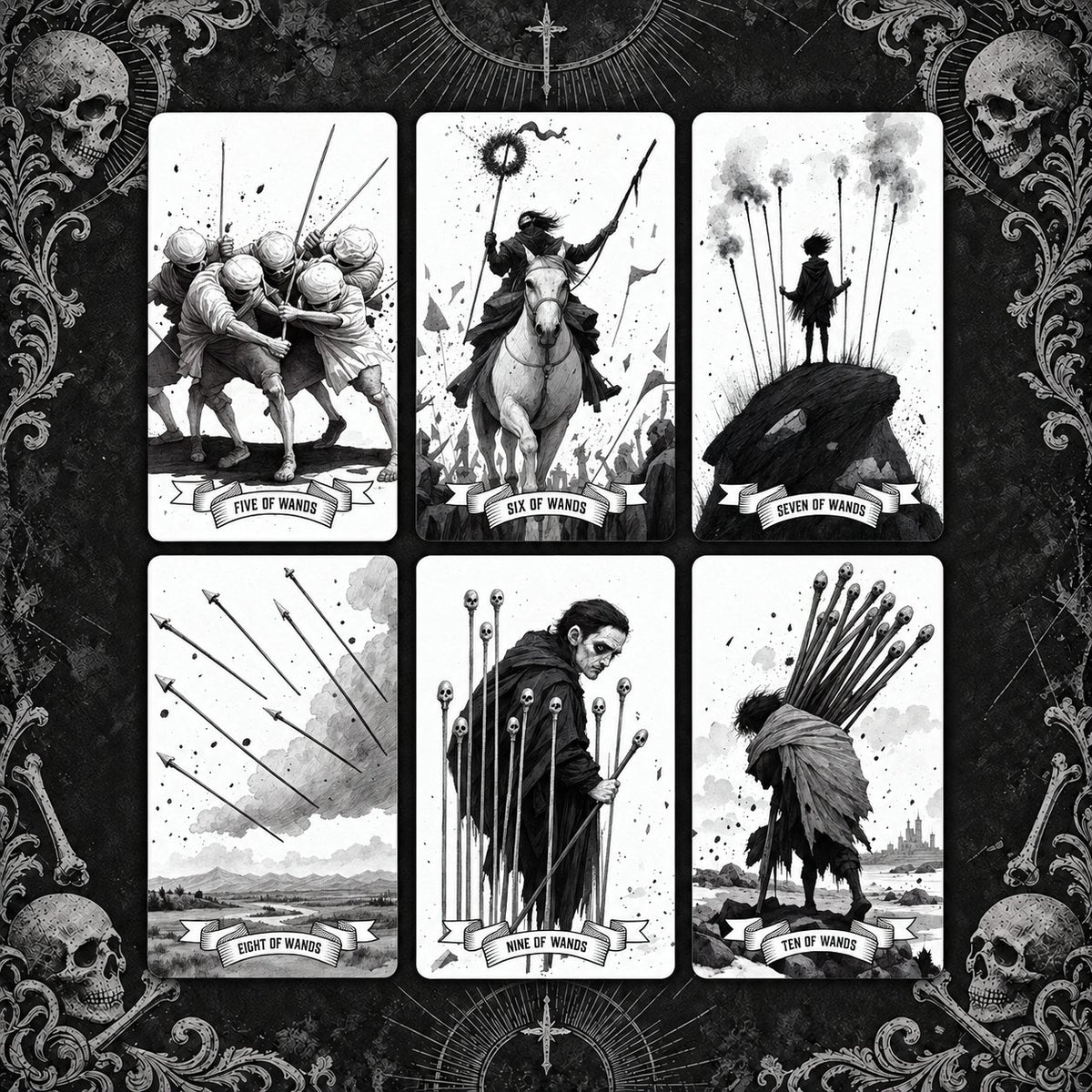 Thematic suit cards and elemental symbols from The Whispering Tarot illustrated in vintage gothic portraiture and atmospheric occult archetypes.