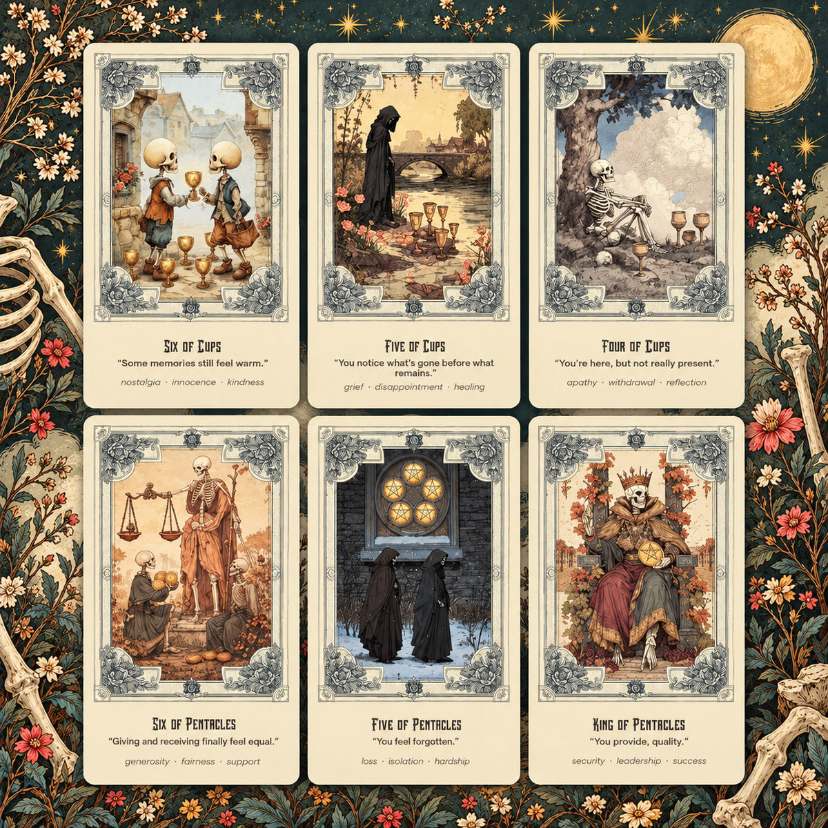 Six Bone Garden Tarot cards from the Cups and Pentacles suits, featuring skeleton characters, botanical details and vintage-inspired illustrations.