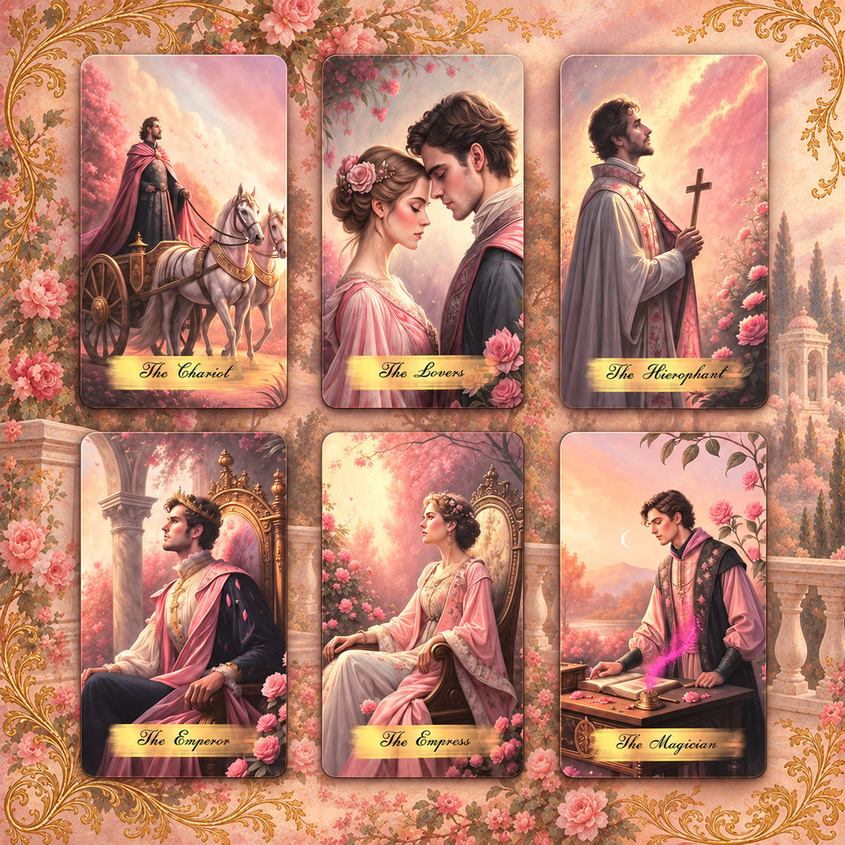 Thematic suit cards and elemental symbols from Pink Victorian Tarot illustrated in romantic Victorian rose garden artwork and vintage blush-toned portraits.