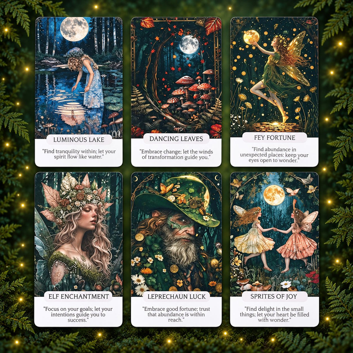 Thematic suit cards and elemental symbols from Fae Whispers Oracle illustrated in enchanted fairy forest folklore and gentle nature spirit messages.
