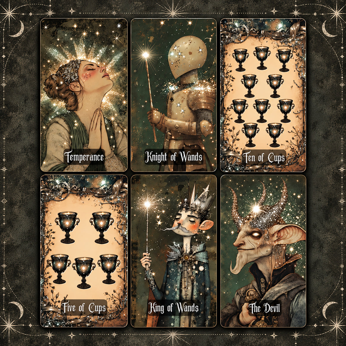 Thematic suit cards and elemental symbols from Starlit Dream Tarot illustrated in whimsical gothic fairytale surrealism and starry dreamscapes.