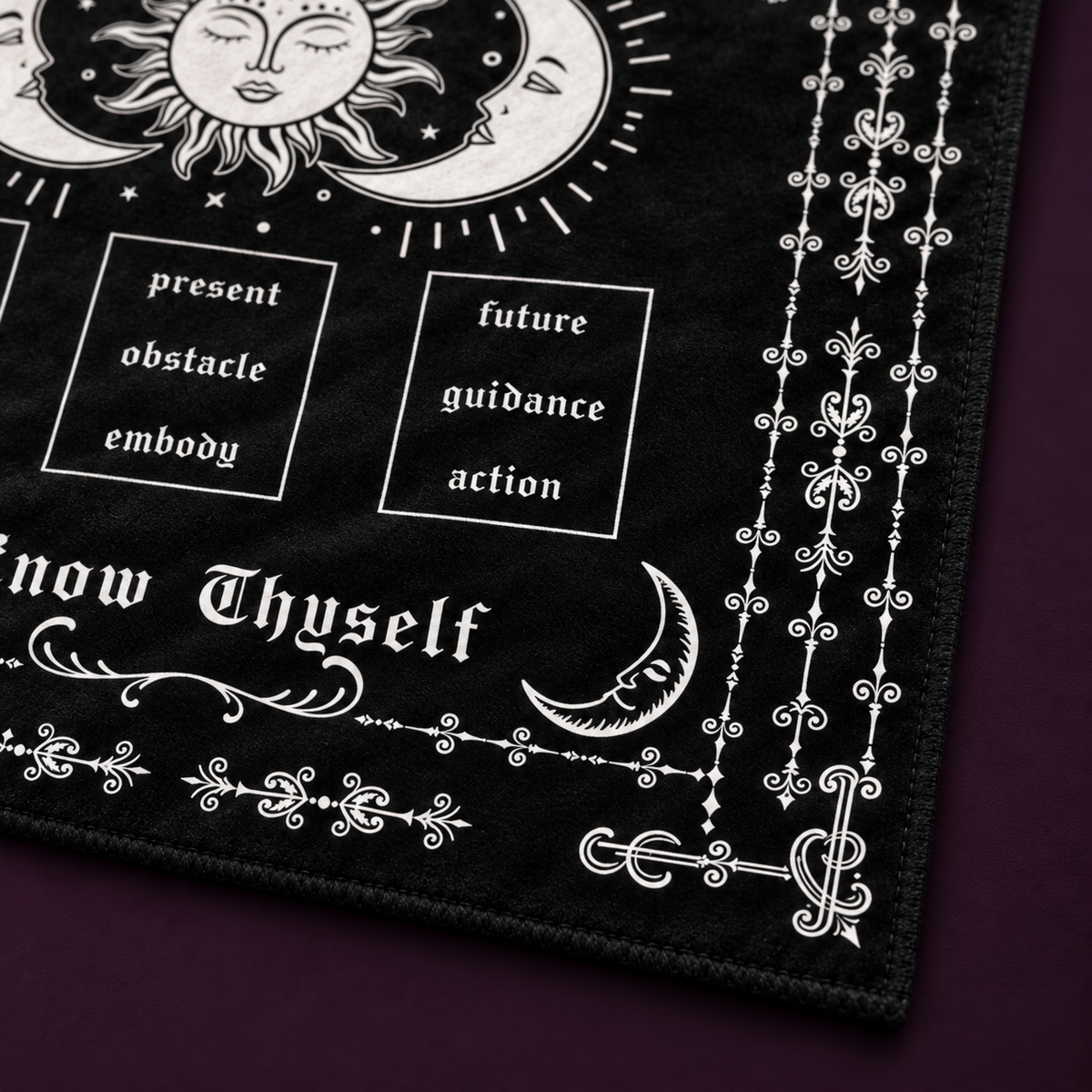 Durable hemmed edge and smooth backside of the square tarot divination cloth.
