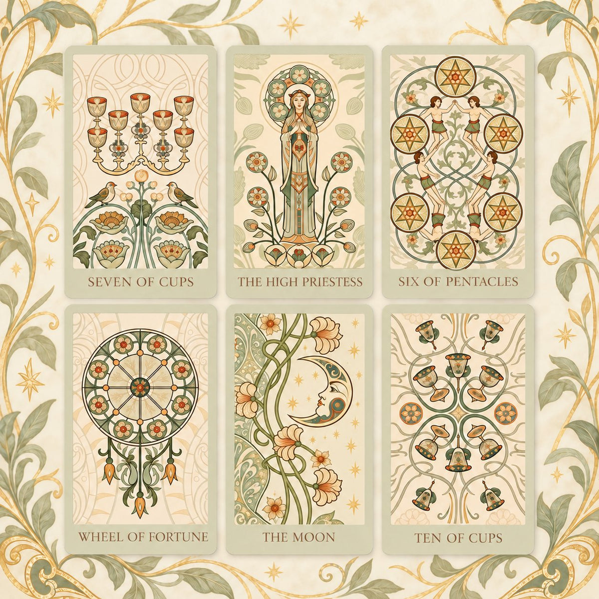 Thematic suit cards and elemental symbols from Radiant Soul Tarot illustrated in Art Nouveau botanical curves, golden aura halos, and elegant figures.