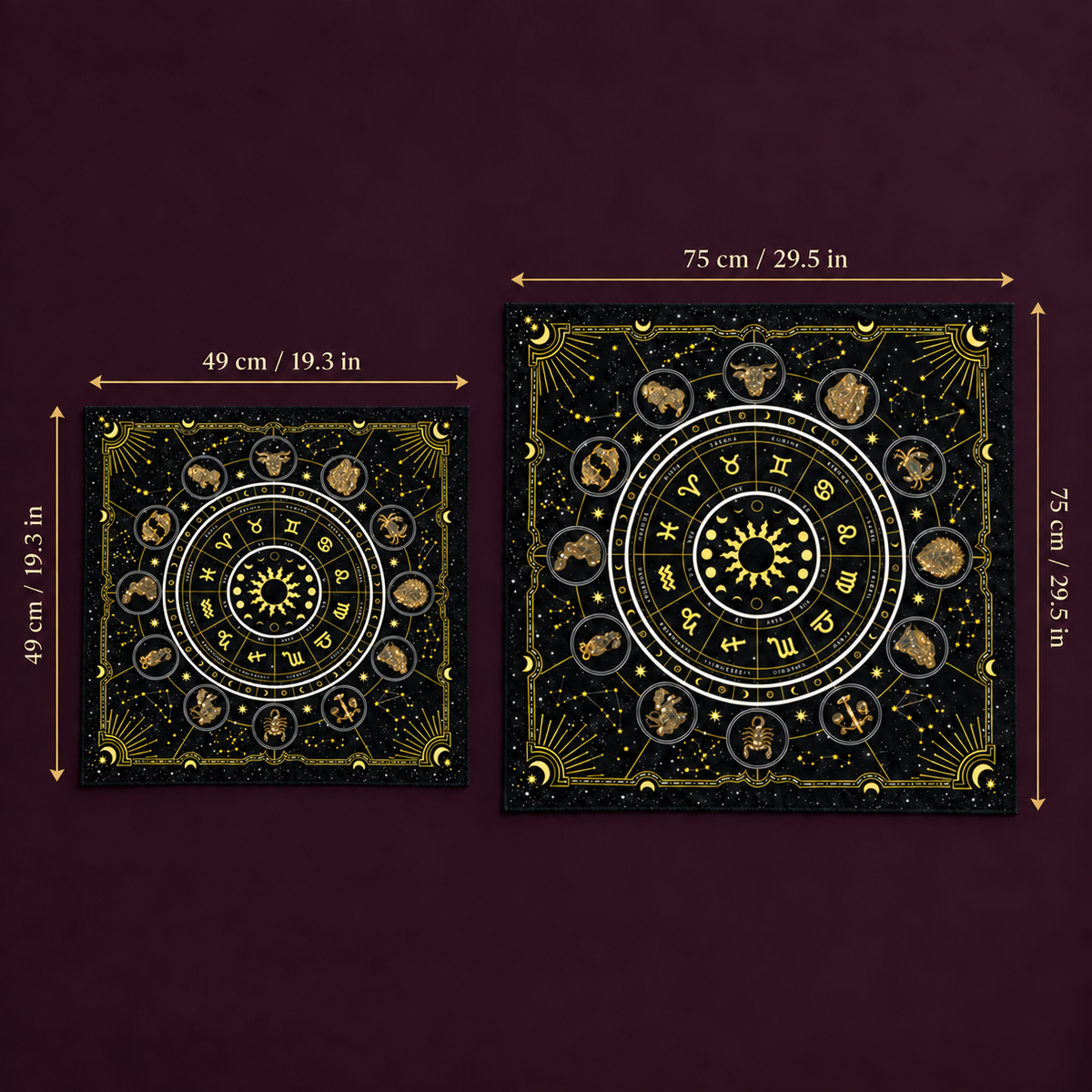 Sun and Zodiac tarot cloth dimensions measuring 49 × 49 cm (19.3 × 19.3 in) laid flat.