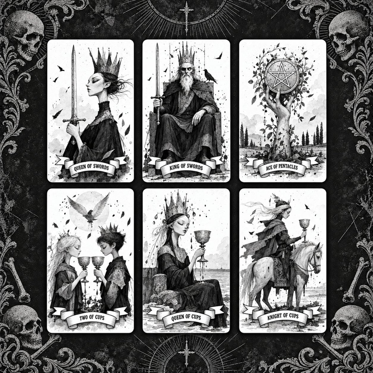 Detailed view of card face art, border ornamentation, and symmetrical card backs of The Whispering Tarot.