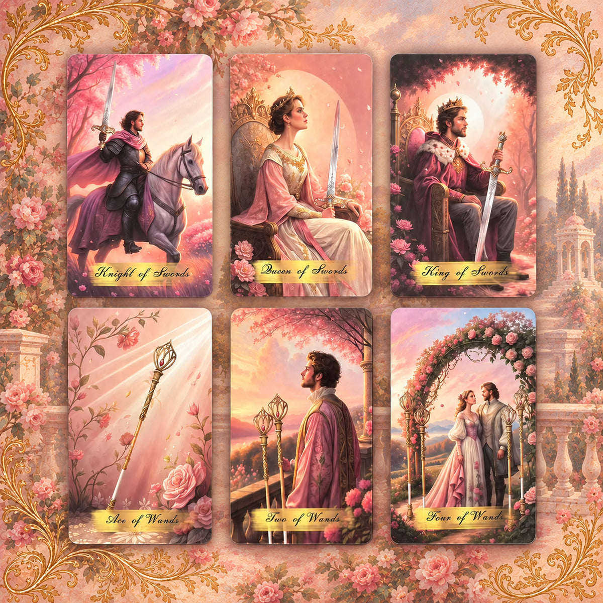 Detailed view of card face art, border ornamentation, and symmetrical card backs of Pink Victorian Tarot.