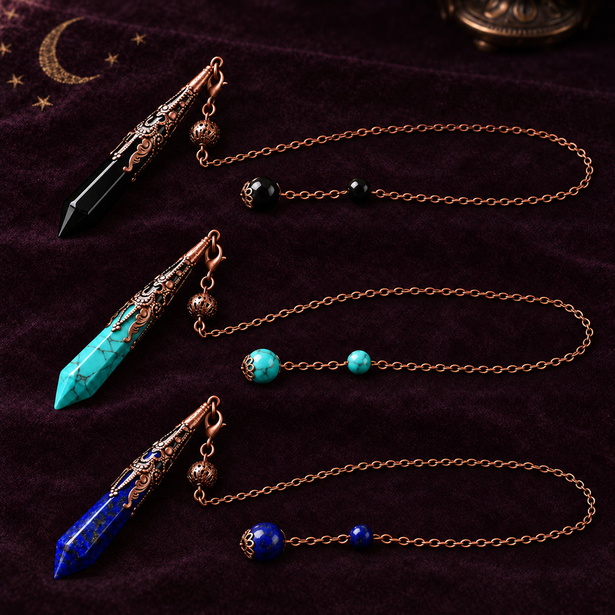 Natural crystal pendulum suspended in hand demonstrating divination swing movement.