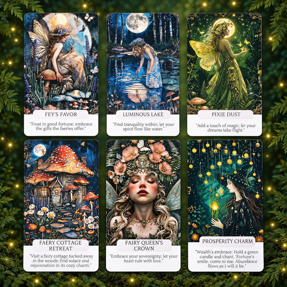 Detailed view of card face art, border ornamentation, and symmetrical card backs of Fae Whispers Oracle.