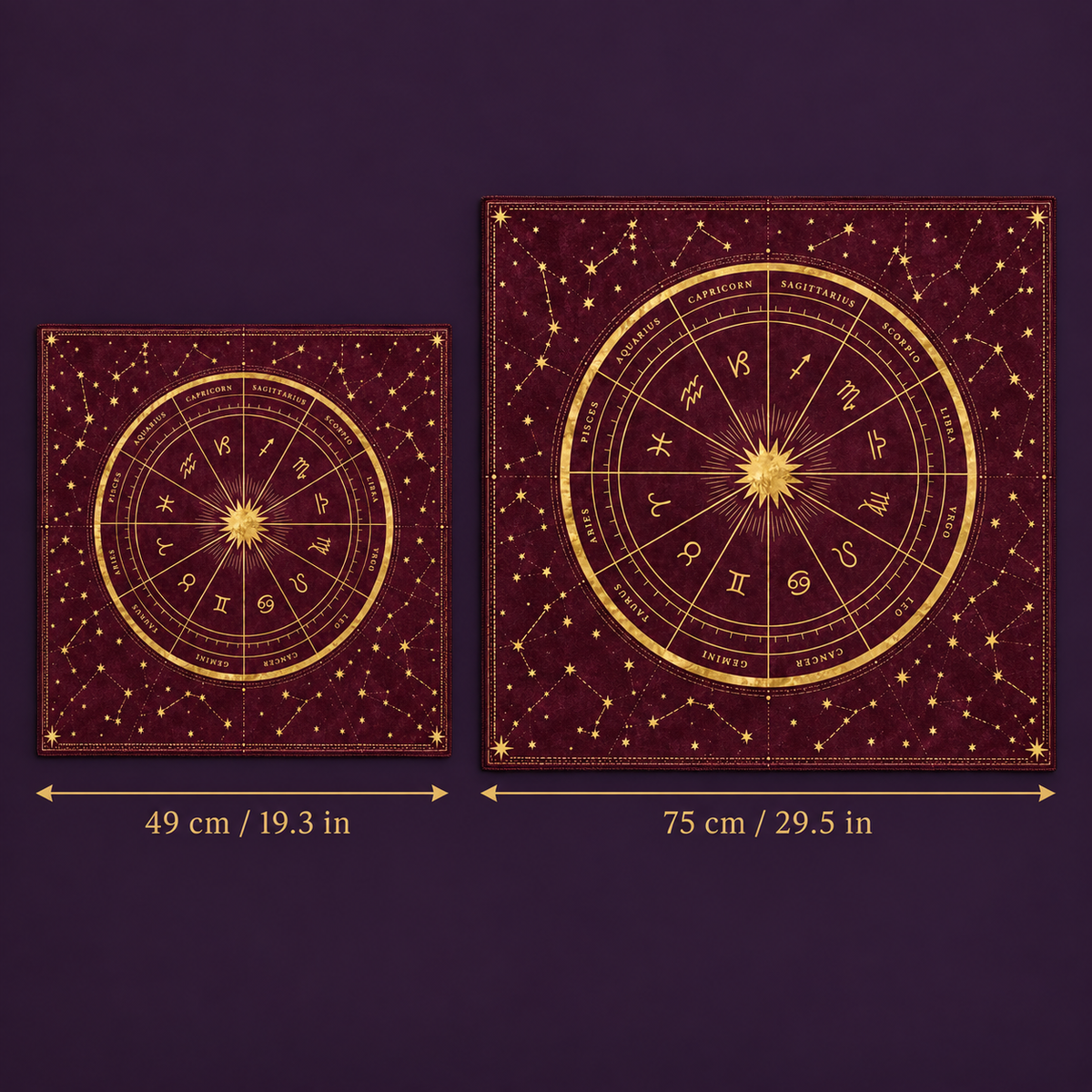 Altar divination cloth spread flat measuring 49 × 49 cm (19.3 × 19.3 inches) suitable for 3-card and Celtic Cross spreads.