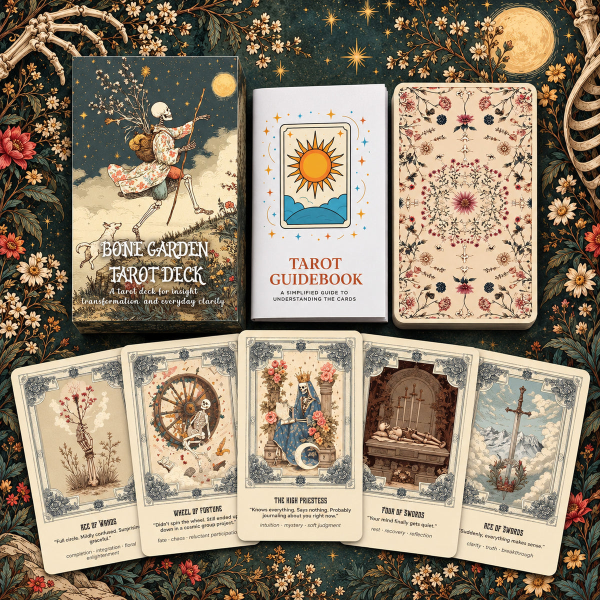 Bone Garden Tarot deck set with 78 illustrated tarot cards, beginner-friendly guidebook, floral-patterned card backs and matching gothic botanical storage box.