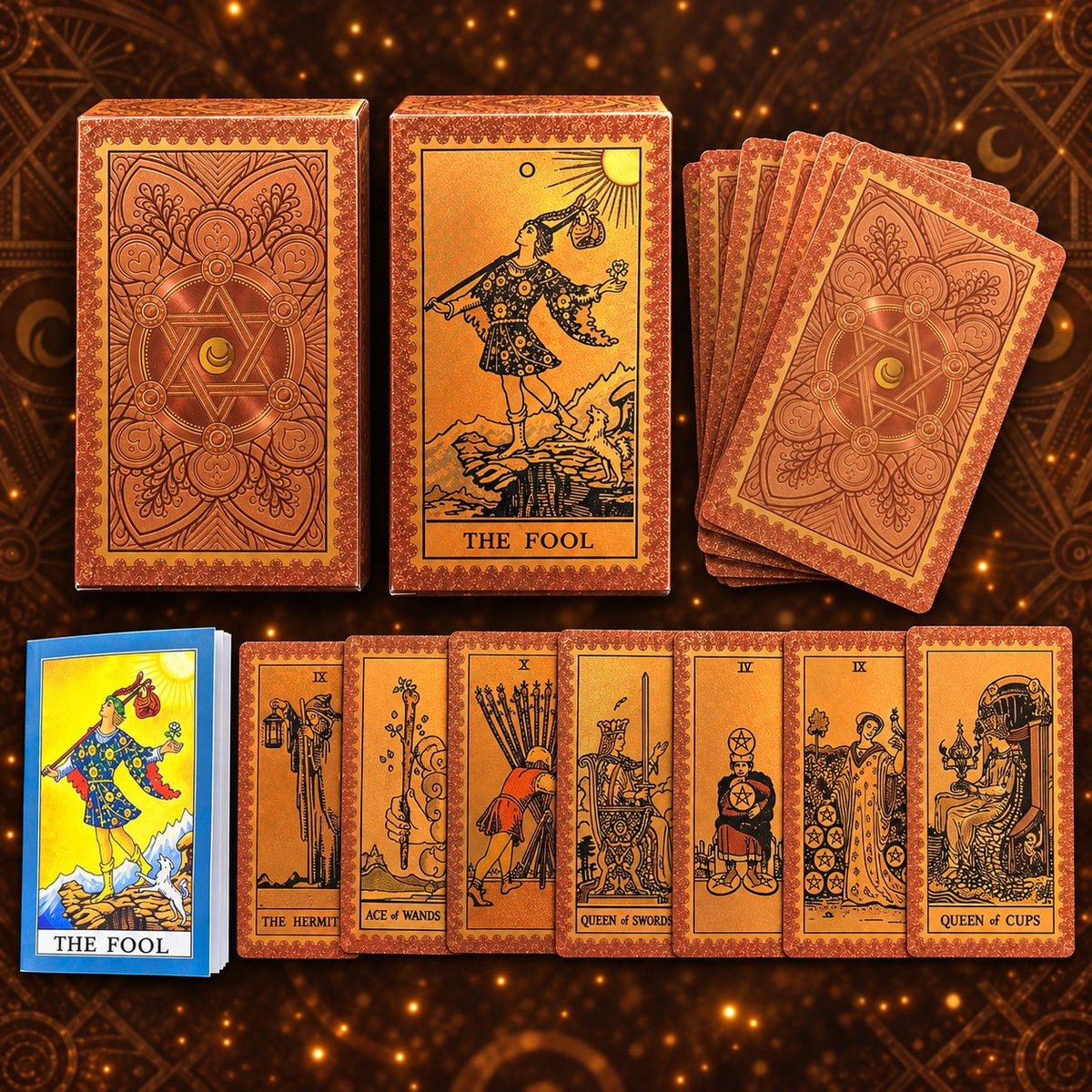 Detailed view of card face art, border ornamentation, and symmetrical card backs of Bronze Hexagram Tarot.