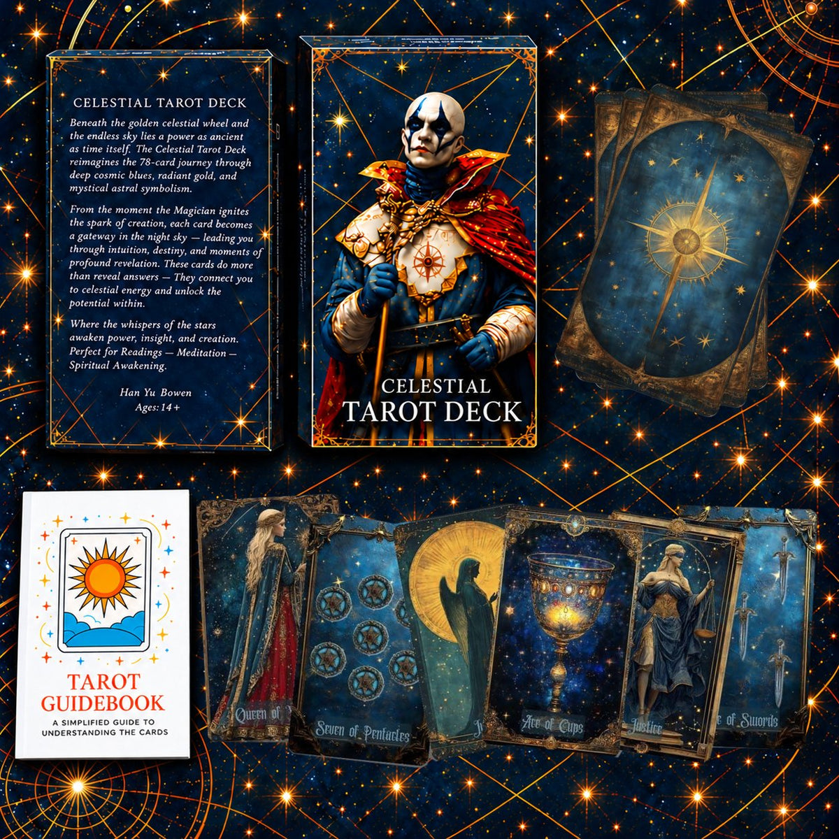 Complete Celestial Tarot set including divination cards, companion English guidebook, and keepsake storage box.