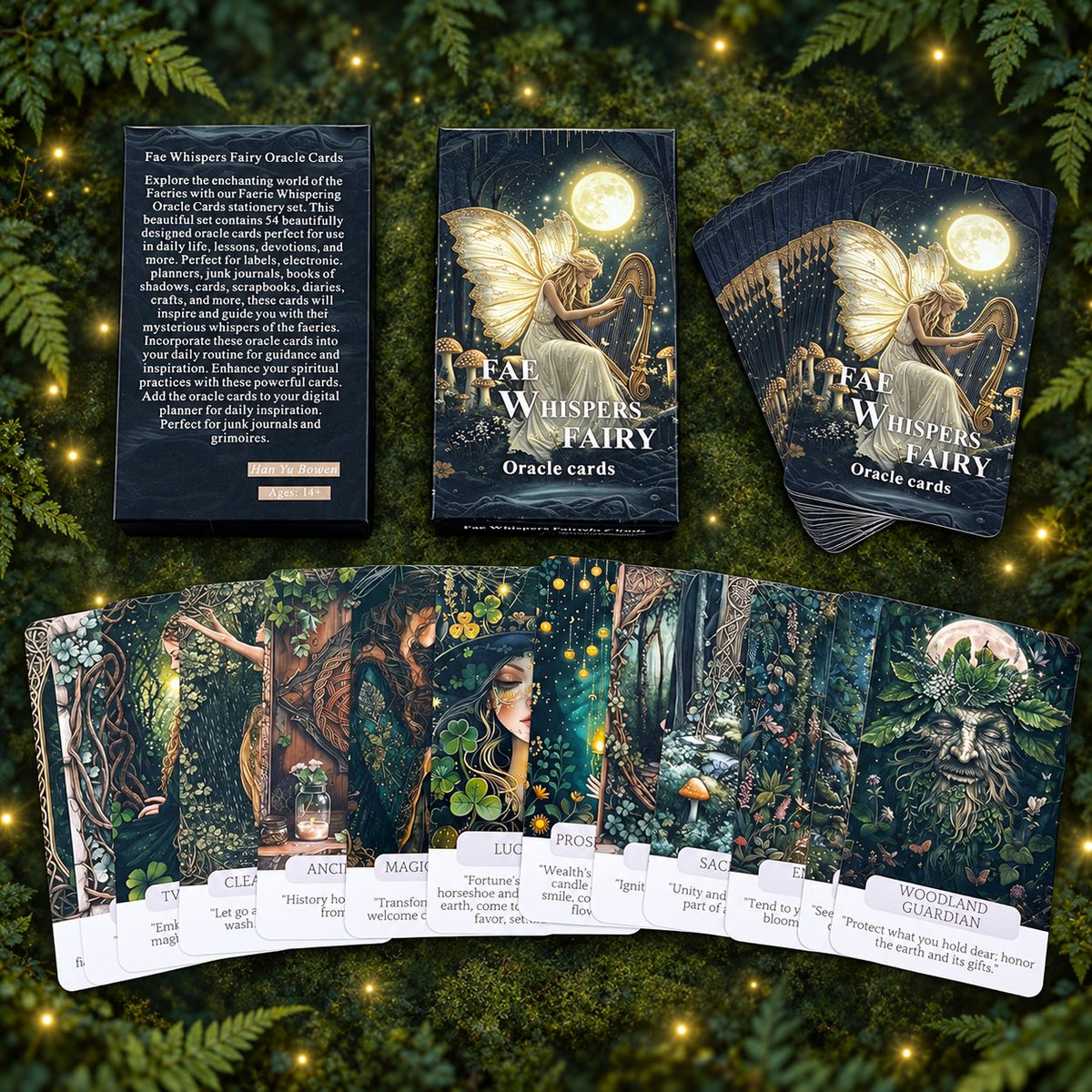 Complete Fae Whispers Oracle set including divination cards, companion English guidebook, and keepsake storage box.