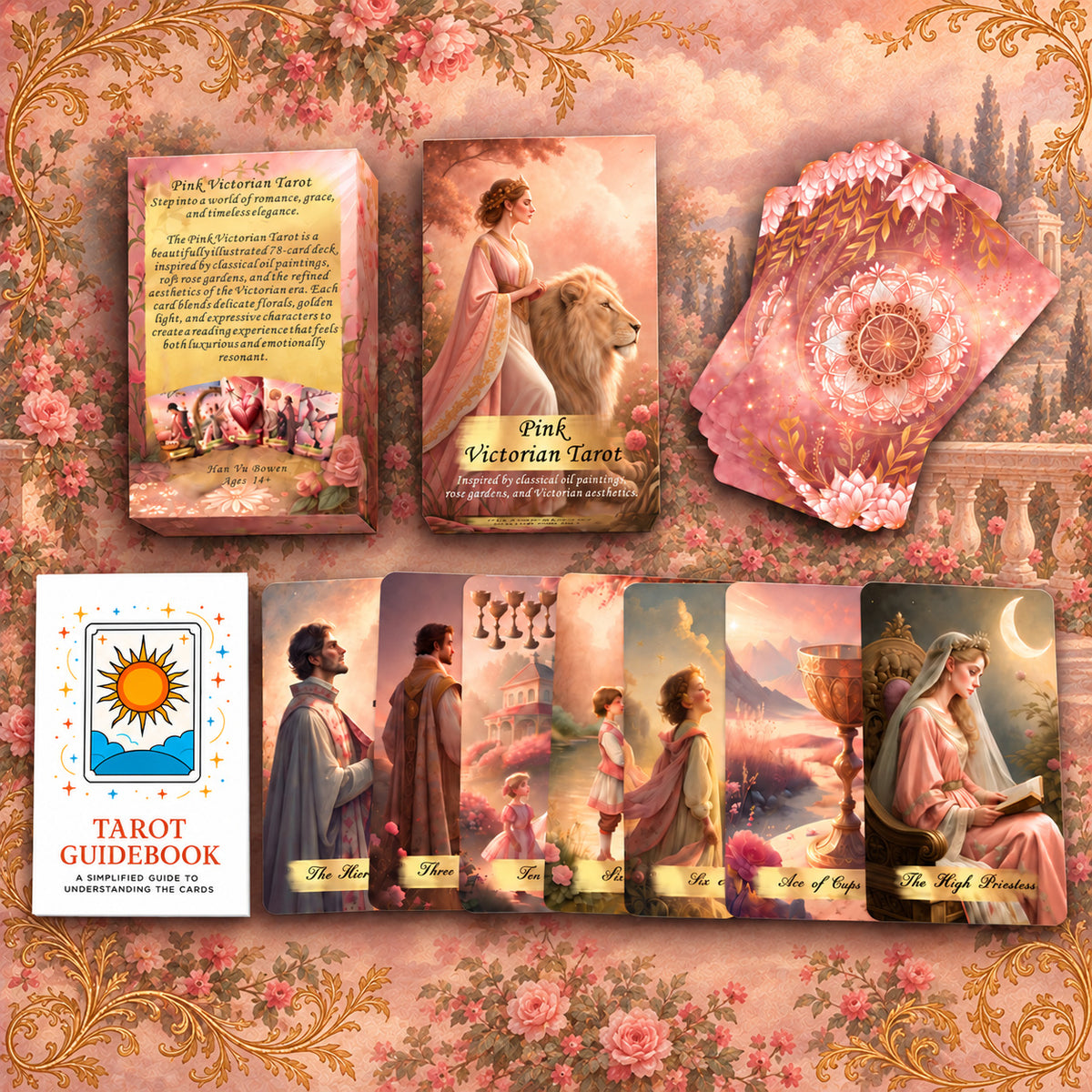 Complete Pink Victorian Tarot set including divination cards, companion English guidebook, and keepsake storage box.