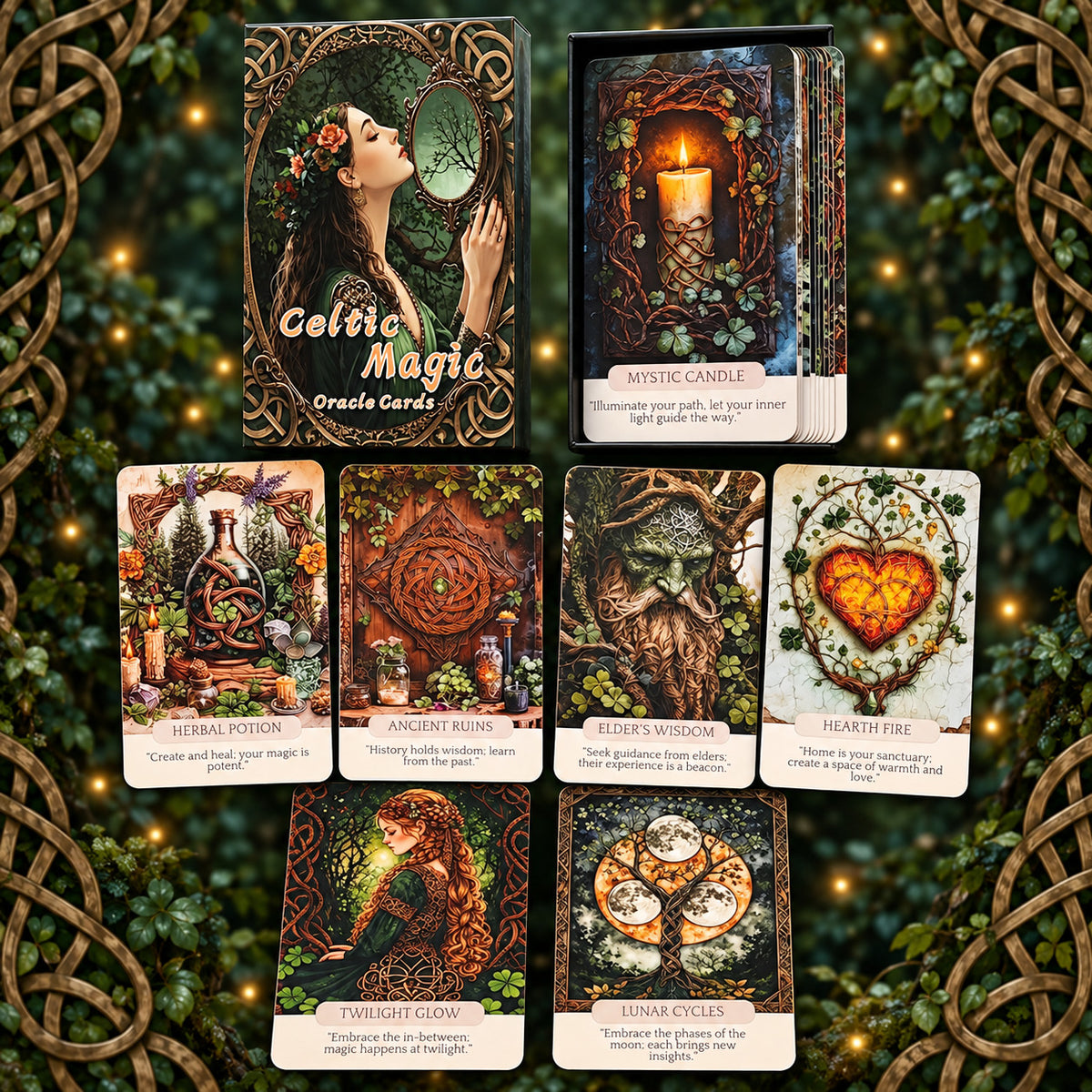Complete Celtic Magic Oracle set including divination cards, companion English guidebook, and keepsake storage box.