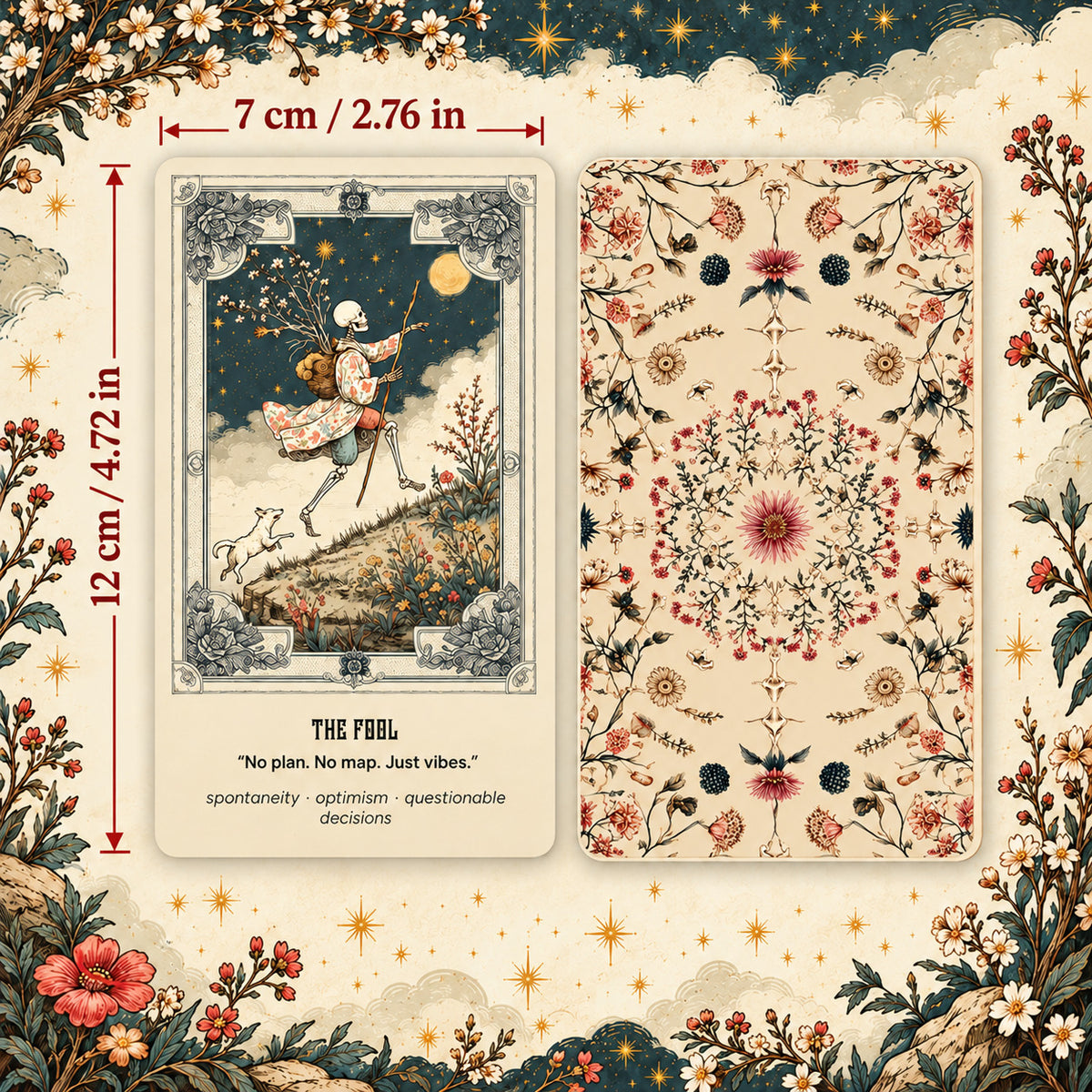 Bone Garden Tarot card front and symmetrical floral card back, measuring 7 × 12 cm (2.76 × 4.72 inches), with detailed skeleton and botanical artwork.