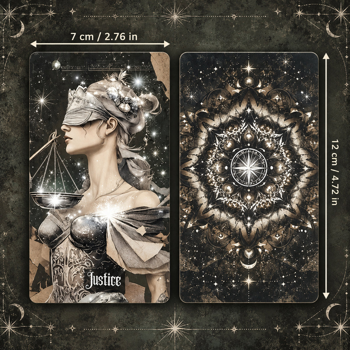 Standard card dimensions of Starlit Dream Tarot (7 × 12 cm / 2.76 × 4.72 in) for intuitive tarot readings.