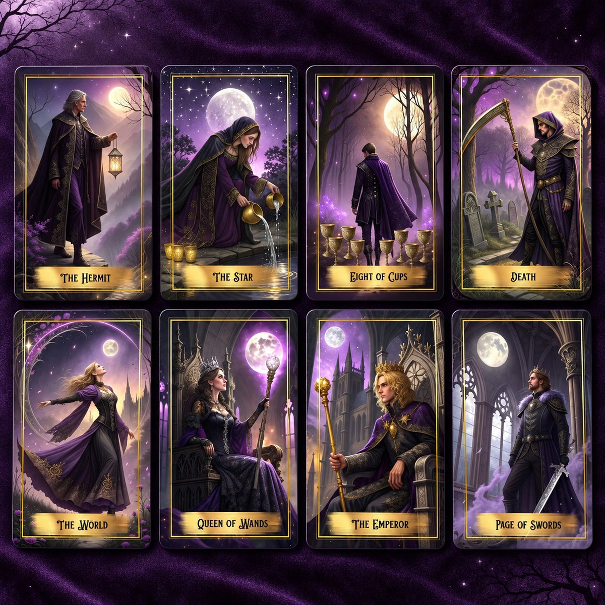 Standard card dimensions of Purple Moon Tarot (7 × 12 cm / 2.76 × 4.72 in) for intuitive tarot readings.