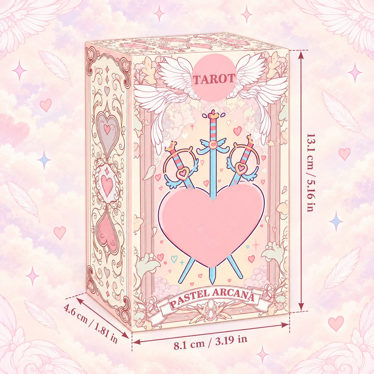 Standard card dimensions of Pastel Arcana Tarot (7 × 12 cm / 2.76 × 4.72 in) for intuitive tarot readings.